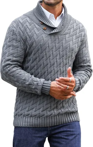 Men's Shawl Collar Pullover Sweater Casual Cable Knit Button Sweaters Tops for Winter (S-5XL)
