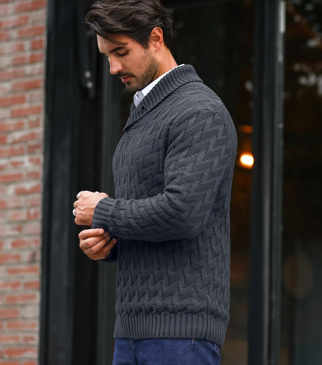 Men's Shawl Collar Pullover Sweater Casual Cable Knit Button Sweaters Tops for Winter (S-5XL)
