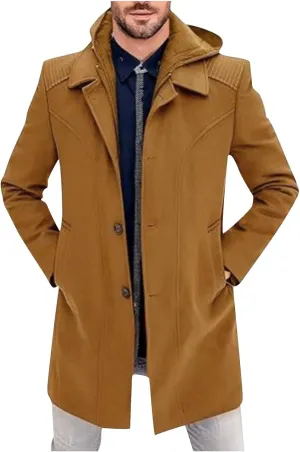 Men's Trench Coat Warm Notched Lapel Overcoat Elegant Single Breasted Peacoat Elegant Long Jacket Overcoat