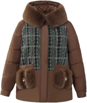 Middle-Aged Women Fleece Cotton-Padded Temperament Mother Winter Splicing Hooded Thick Coat