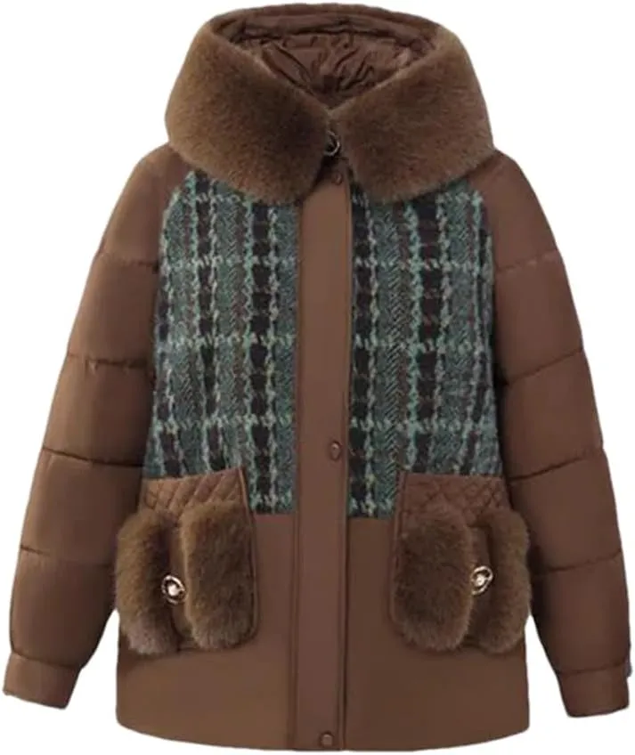 Middle-Aged Women Fleece Cotton-Padded Temperament Mother Winter Splicing Hooded Thick Coat