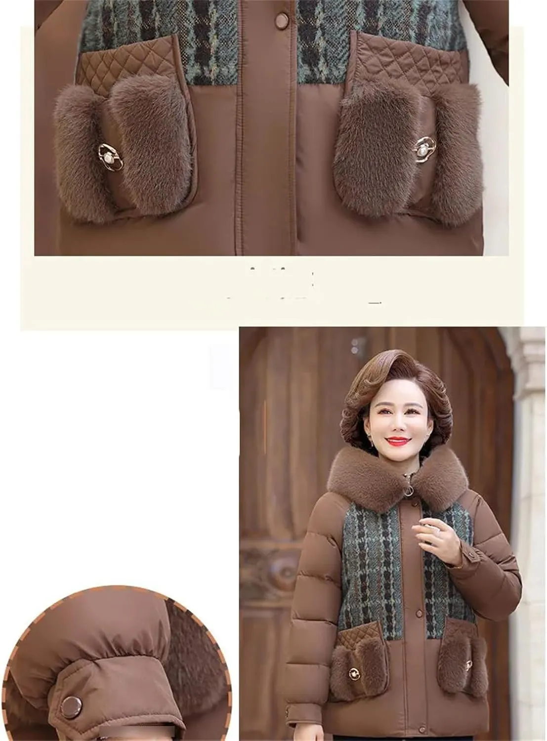 Middle-Aged Women Fleece Cotton-Padded Temperament Mother Winter Splicing Hooded Thick Coat