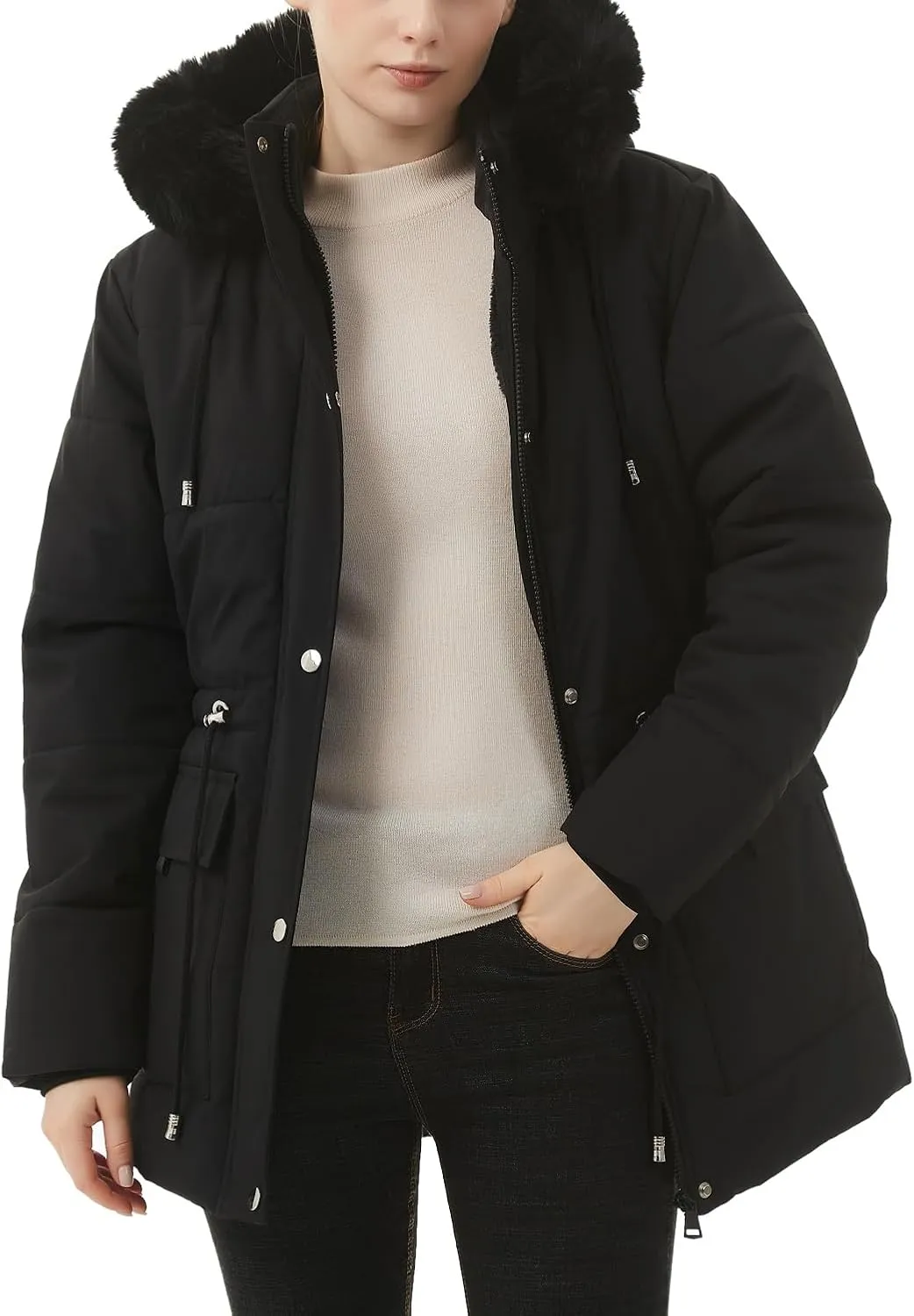 MOERDENG Women's Warm Winter Puffer Coat Thicken Fleece Lined Down Jacket Faux Fur Detachable Hood Snow Parka