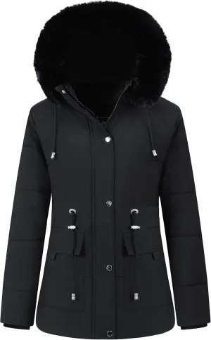 MOERDENG Women's Warm Winter Puffer Coat Thicken Fleece Lined Down Jacket Faux Fur Detachable Hood Snow Parka