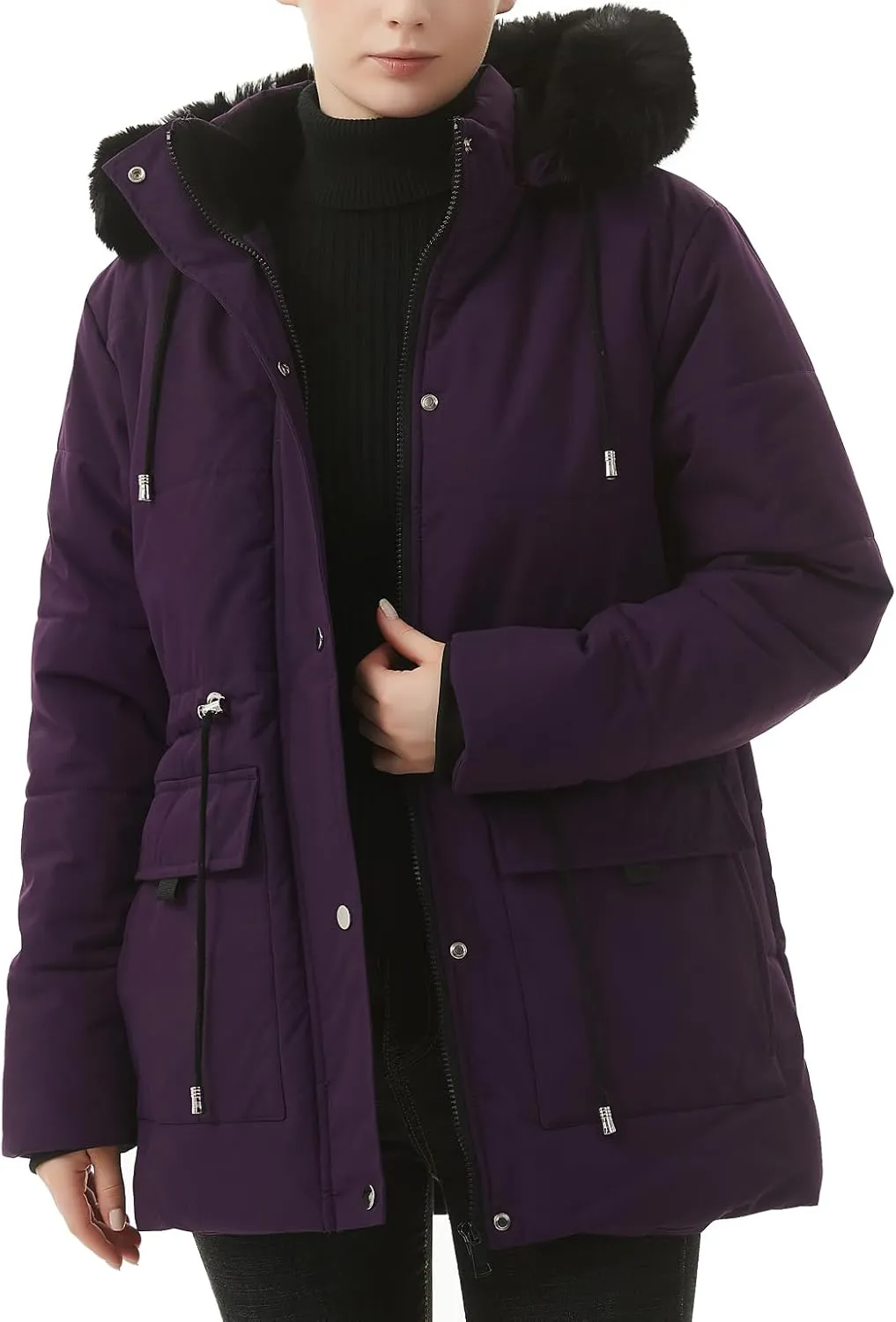 MOERDENG Women's Warm Winter Puffer Coat Thicken Fleece Lined Down Jacket Faux Fur Detachable Hood Snow Parka