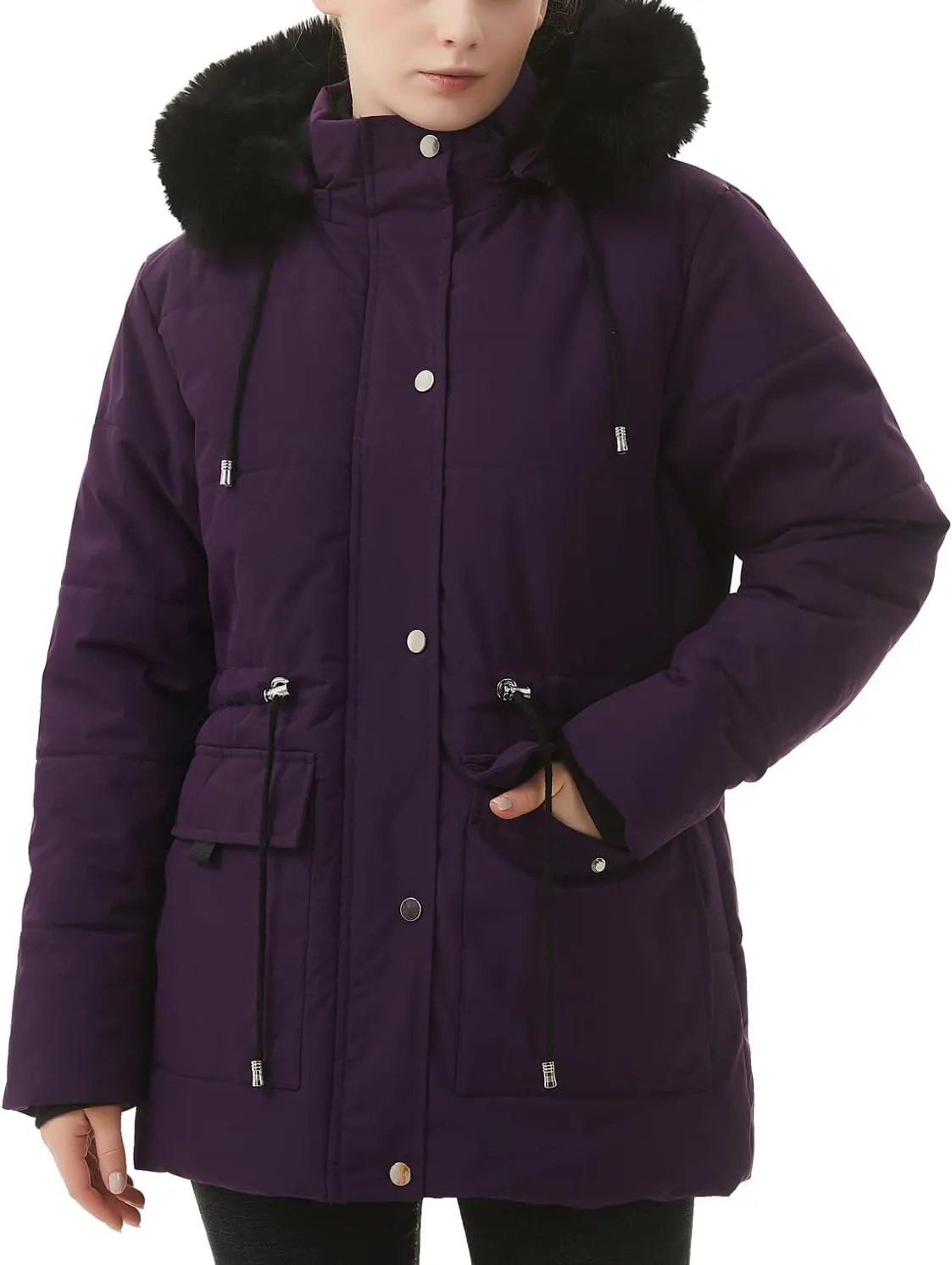 MOERDENG Women's Warm Winter Puffer Coat Thicken Fleece Lined Down Jacket Faux Fur Detachable Hood Snow Parka