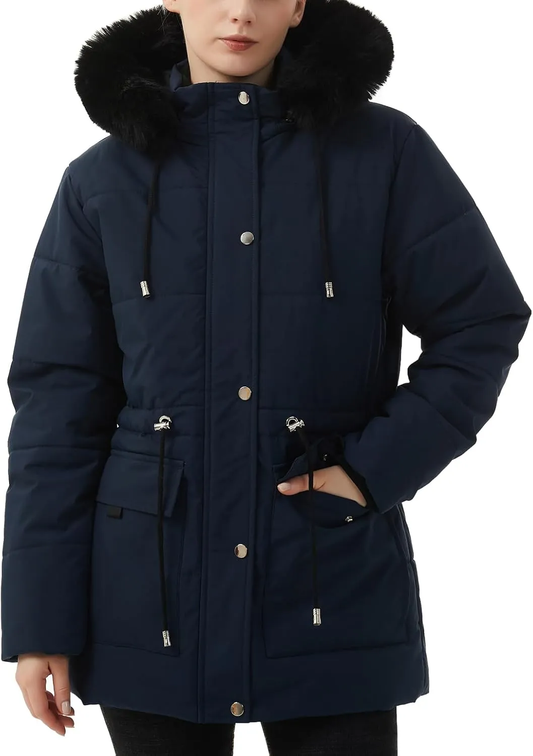 MOERDENG Women's Warm Winter Puffer Coat Thicken Fleece Lined Down Jacket Faux Fur Detachable Hood Snow Parka