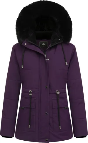 MOERDENG Women's Warm Winter Puffer Coat Thicken Fleece Lined Down Jacket Faux Fur Detachable Hood Snow Parka