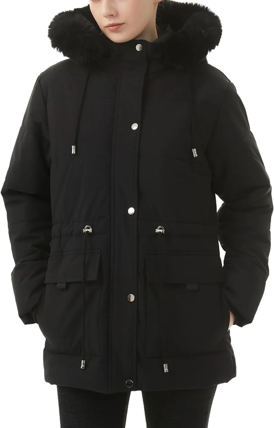 MOERDENG Women's Warm Winter Puffer Coat Thicken Fleece Lined Down Jacket Faux Fur Detachable Hood Snow Parka