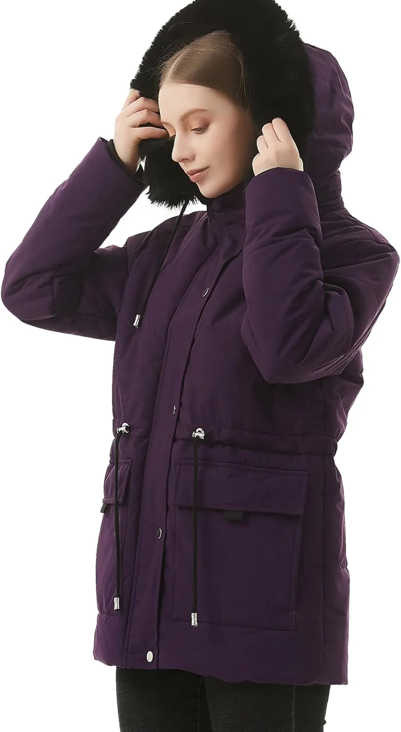 MOERDENG Women's Warm Winter Puffer Coat Thicken Fleece Lined Down Jacket Faux Fur Detachable Hood Snow Parka
