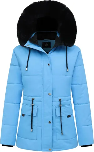 MOERDENG Women's Warm Winter Puffer Coat Thicken Fleece Lined Down Jacket Faux Fur Detachable Hood Snow Parka