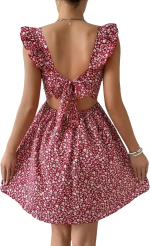 Narecte Women's Floral Mini Dress Cap Sleeve Boho Dresses for Women 2025 Casual Summer Dresses Short Sun Dresses