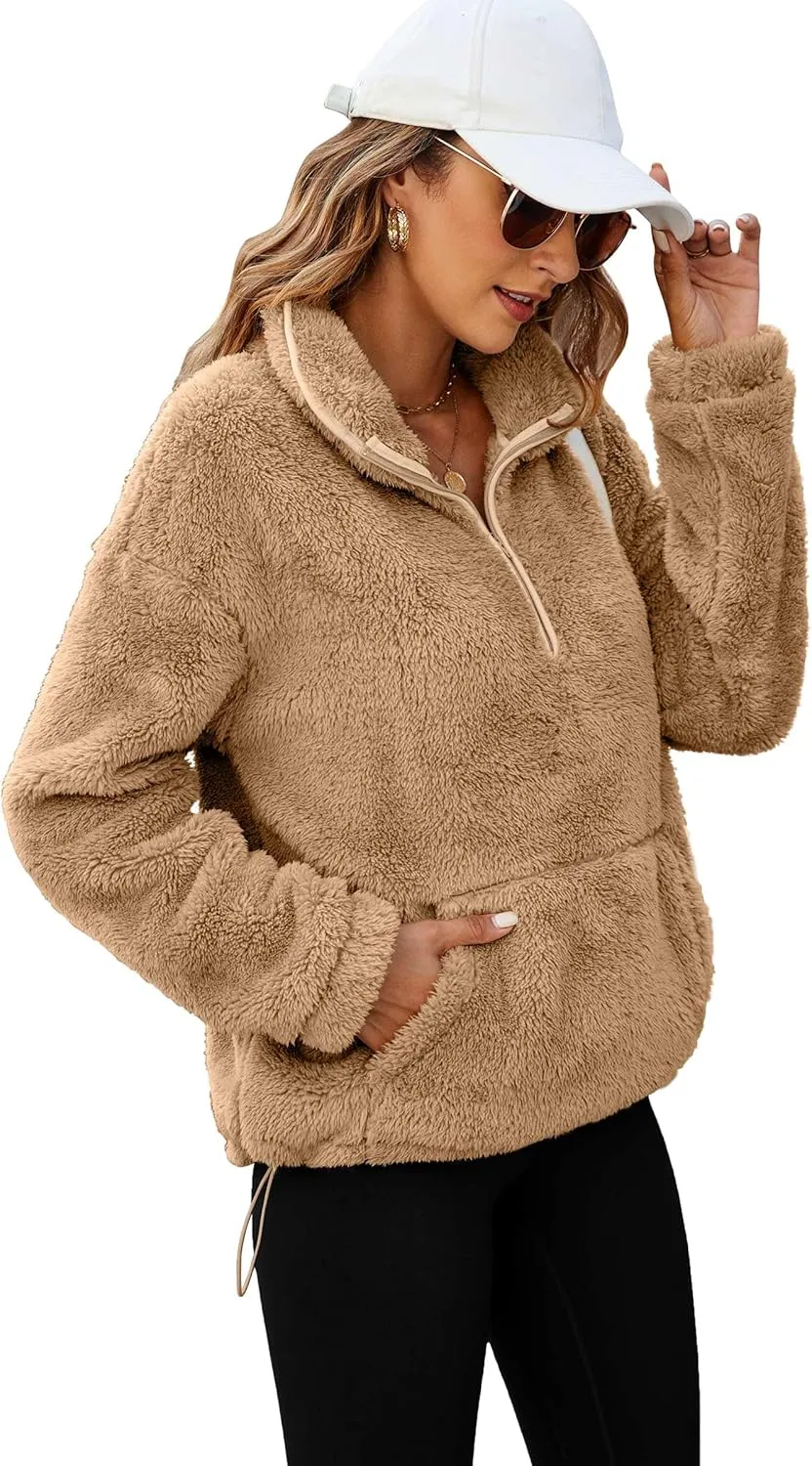 Neineiwu Womens Half Zip Fleece Pullover Fuzzy Oversized Sweatshirts Sherpa Polar Long Sleeve Hoodies With Pockets