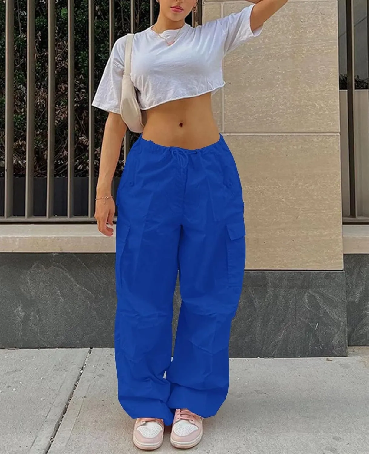 Neyaolk Parachute Pants for Women, Cargo Pants Women Baggy, Y2K Low Waist Wide Leg Baggy Relaxed Jogger Pants