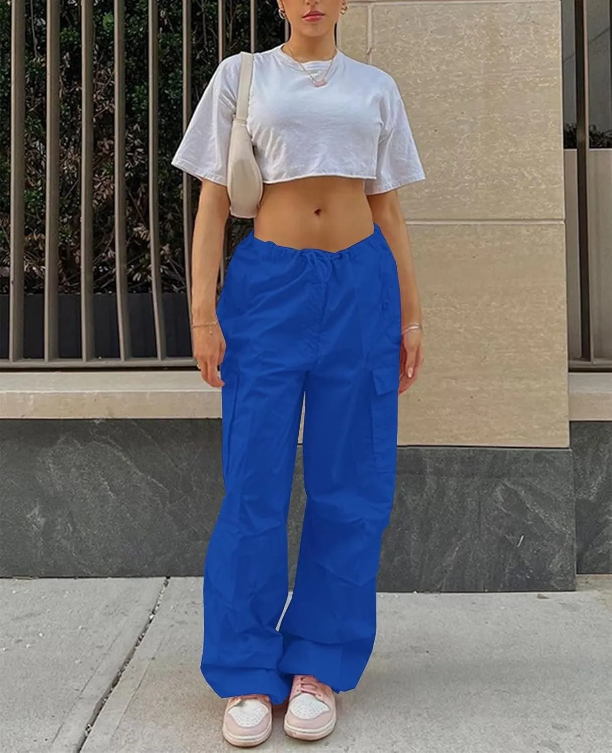Neyaolk Parachute Pants for Women, Cargo Pants Women Baggy, Y2K Low Waist Wide Leg Baggy Relaxed Jogger Pants