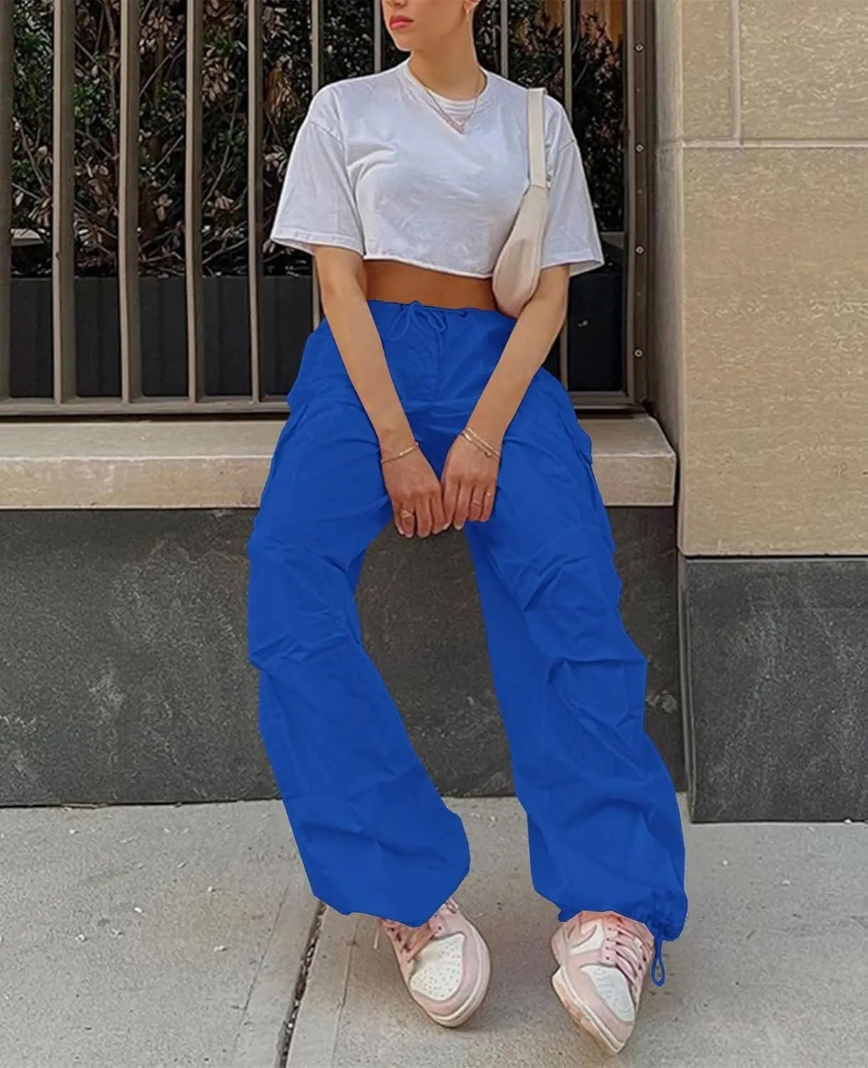 Neyaolk Parachute Pants for Women, Cargo Pants Women Baggy, Y2K Low Waist Wide Leg Baggy Relaxed Jogger Pants