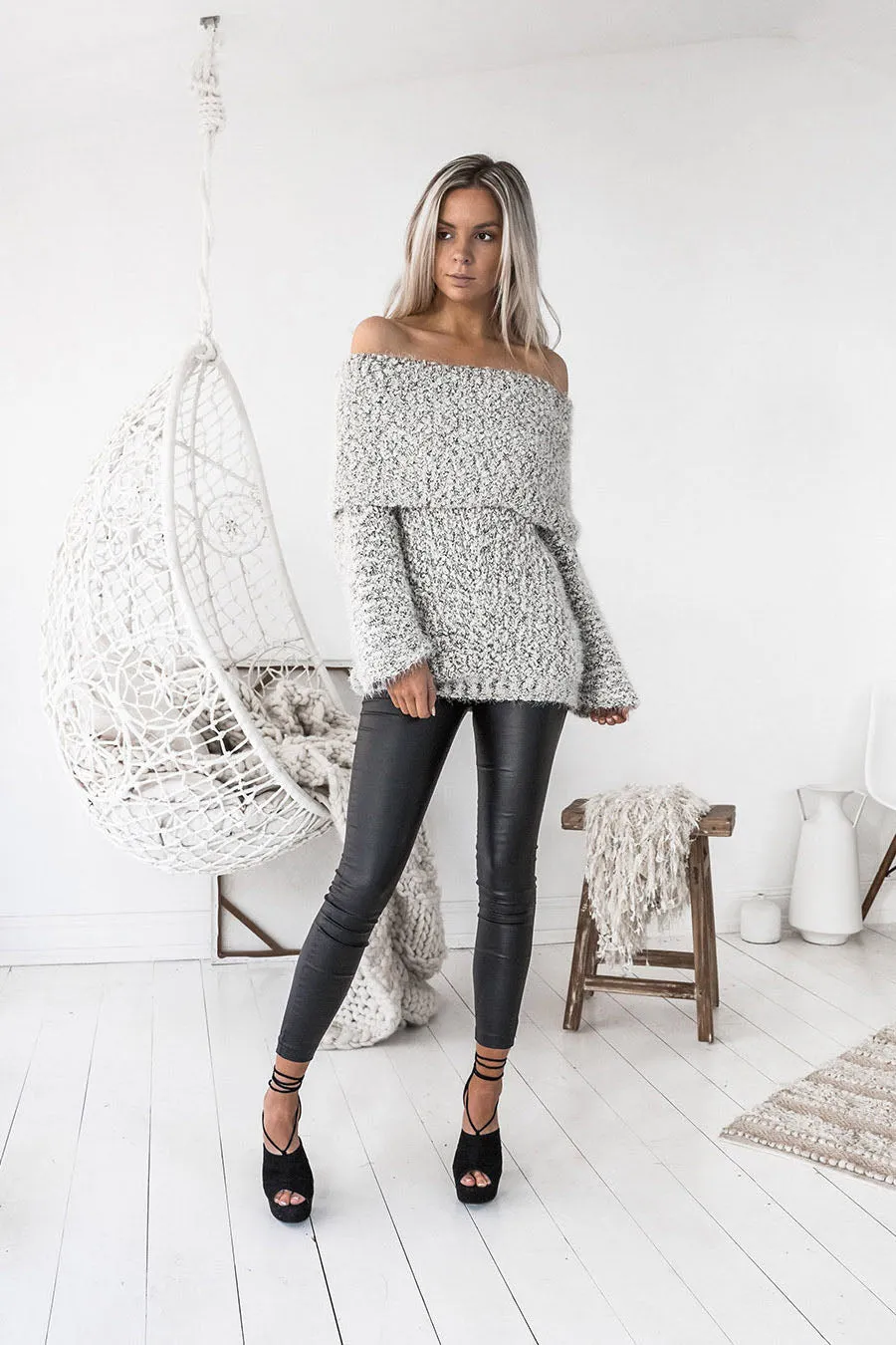 Off Shoulder Long Sleeves Slim Long Sweater