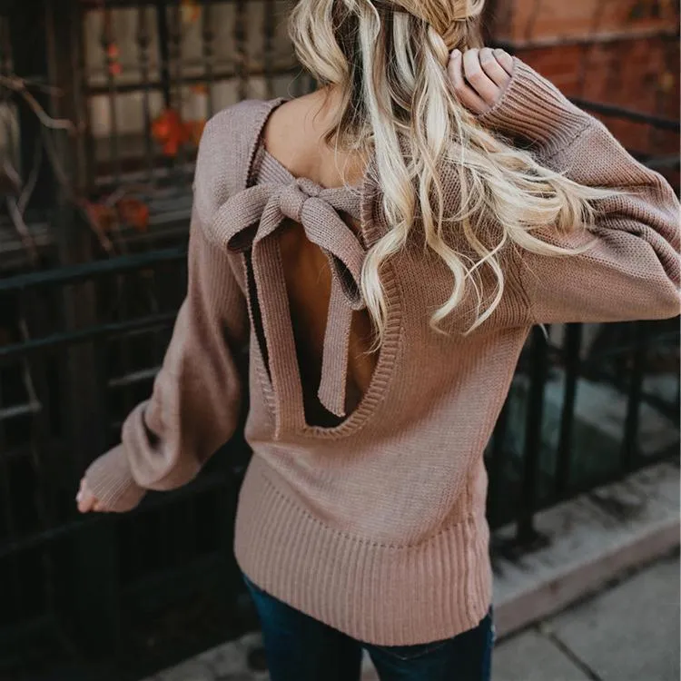 Open Back Straps Bowknot Long Lantern Sleeves Women Pullover Sweater