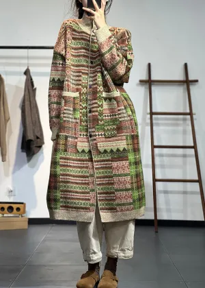 Original Khaki High Neck Print Pockets Knit Cardigans Spring TZ047