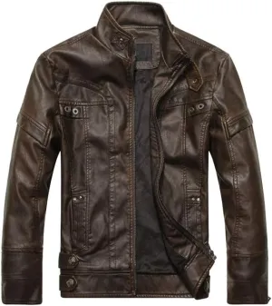 PASOK Men's Faux Leather Jacket Vintage Stand Collar Motorcycle PU Leather Outwear Coat