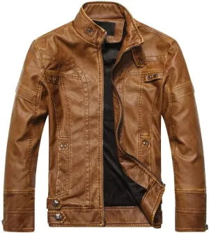 PASOK Men's Faux Leather Jacket Vintage Stand Collar Motorcycle PU Leather Outwear Coat