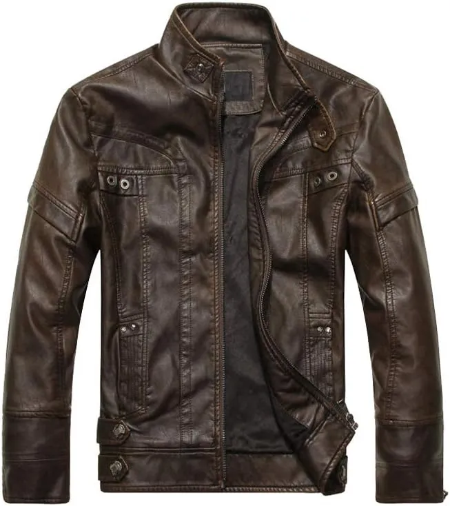 PASOK Men's Faux Leather Jacket Vintage Stand Collar Motorcycle PU Leather Outwear Coat