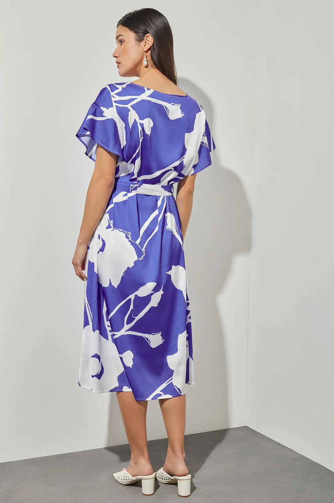 Plus Size Shift Below Knee Dress - Belted Floral Crepe de Chine
