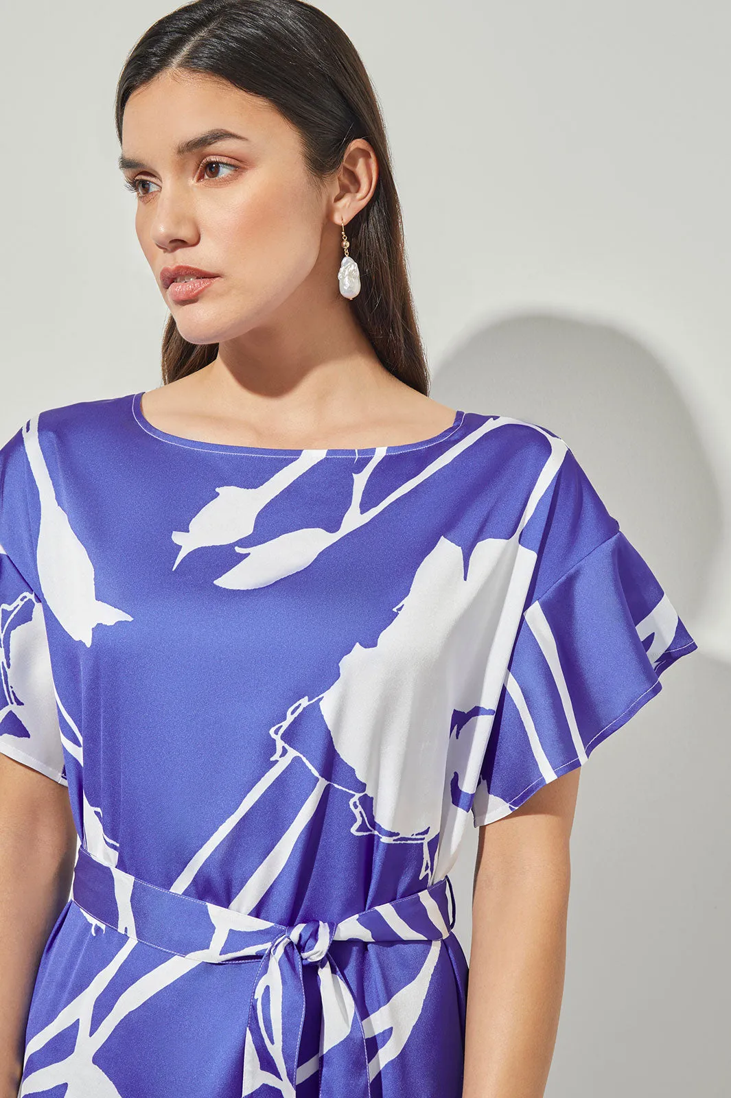 Plus Size Shift Below Knee Dress - Belted Floral Crepe de Chine