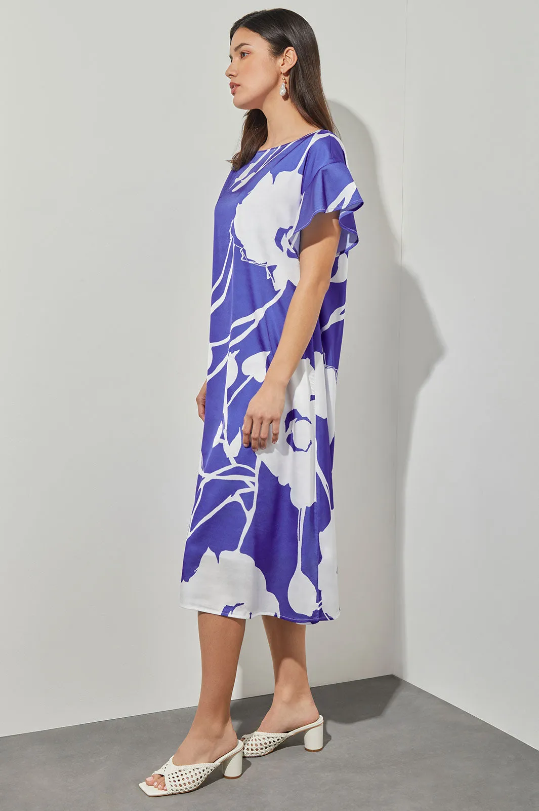Plus Size Shift Below Knee Dress - Belted Floral Crepe de Chine