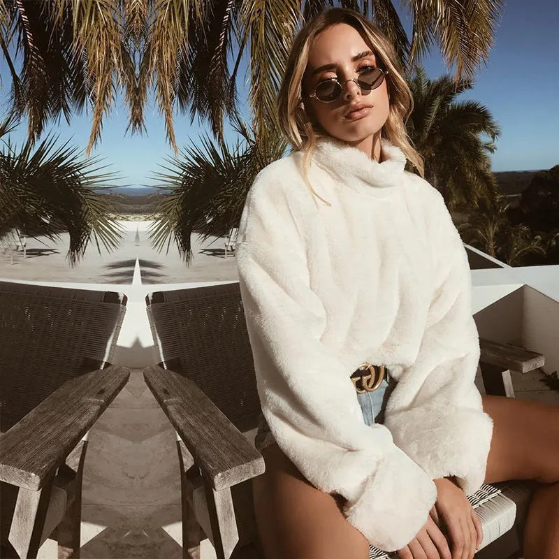 Plush Turtleneck Long Trumpet Sleeves Women Warm White Sweater