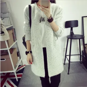 Popular Korean Elegant Pocket Knitted Cardigan Women Mid-Length Mix Colours Sweater Outerwear