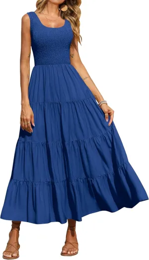 PRETTYGARDEN Women's 2025 Casual Loose Plain Maxi Sundress Smocked Tank Dress Sleeveless Summer Beach Tiered Long Dresses