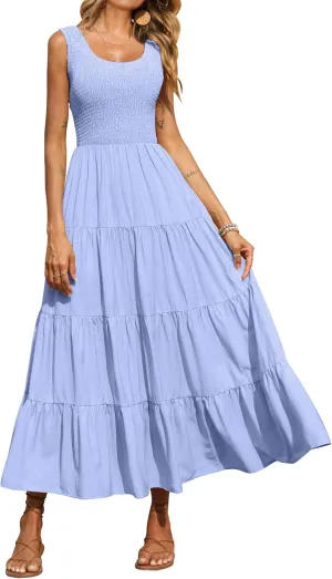 PRETTYGARDEN Women's 2025 Casual Loose Plain Maxi Sundress Smocked Tank Dress Sleeveless Summer Beach Tiered Long Dresses