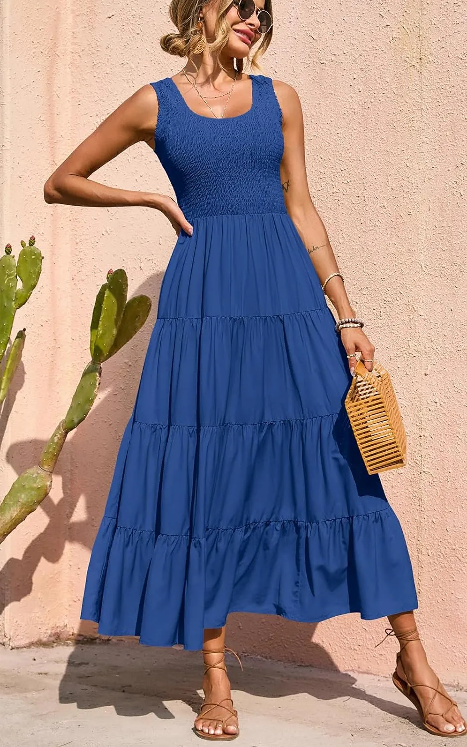 PRETTYGARDEN Women's 2025 Casual Loose Plain Maxi Sundress Smocked Tank Dress Sleeveless Summer Beach Tiered Long Dresses
