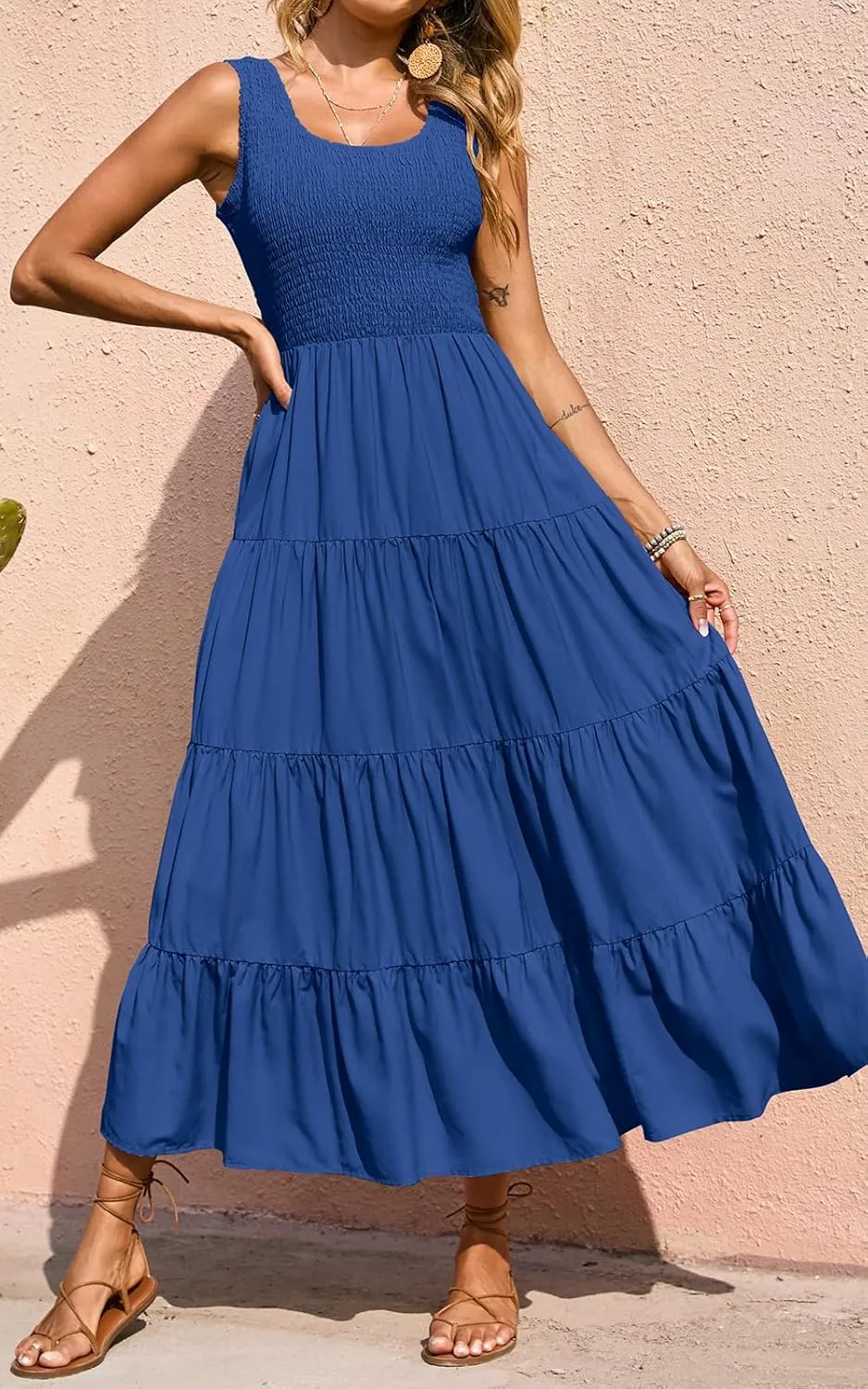 PRETTYGARDEN Women's 2025 Casual Loose Plain Maxi Sundress Smocked Tank Dress Sleeveless Summer Beach Tiered Long Dresses