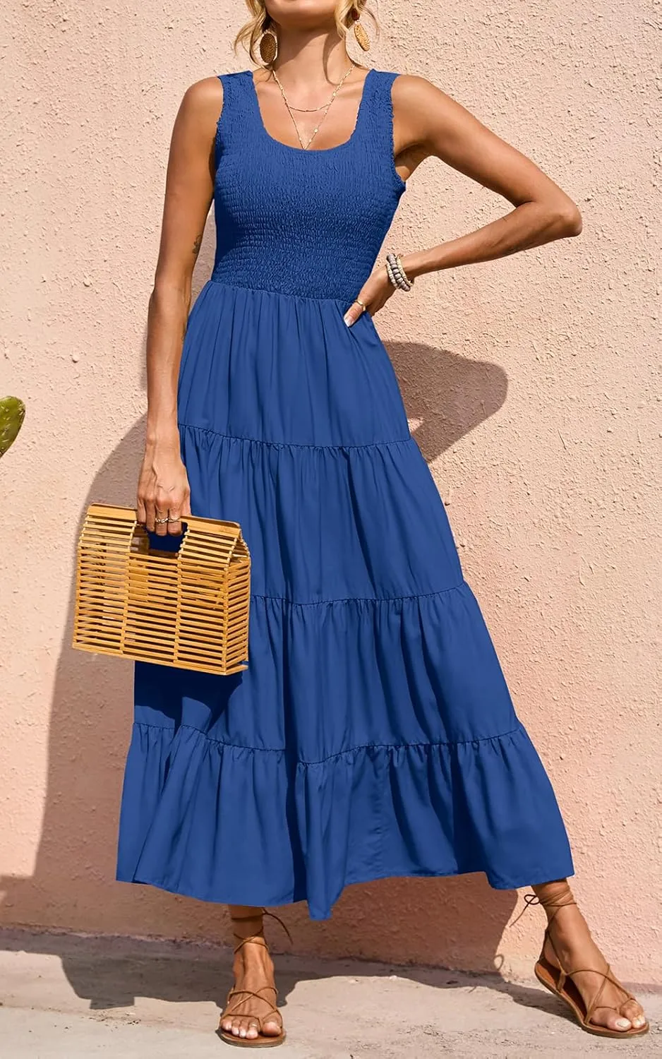 PRETTYGARDEN Women's 2025 Casual Loose Plain Maxi Sundress Smocked Tank Dress Sleeveless Summer Beach Tiered Long Dresses
