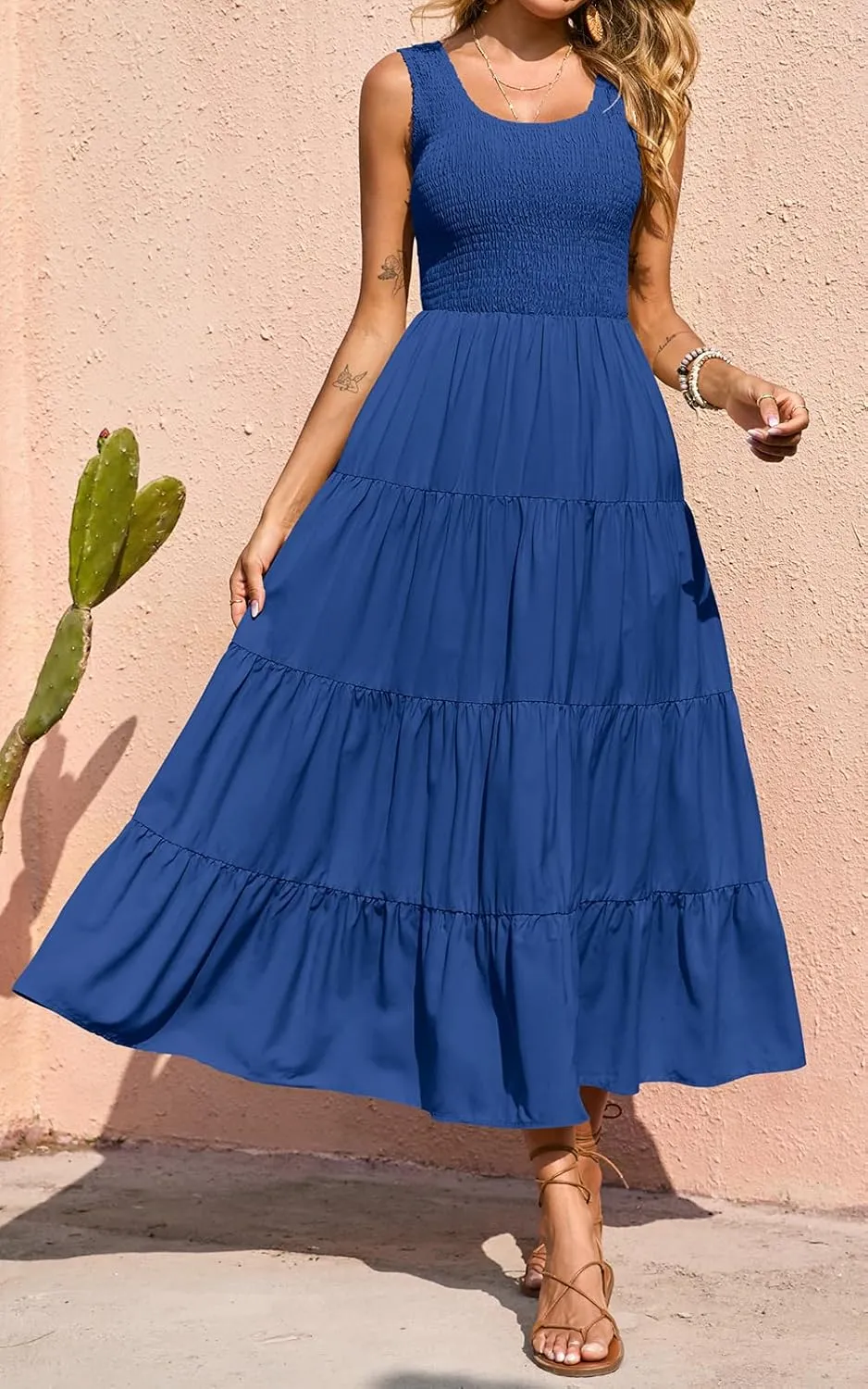 PRETTYGARDEN Women's 2025 Casual Loose Plain Maxi Sundress Smocked Tank Dress Sleeveless Summer Beach Tiered Long Dresses