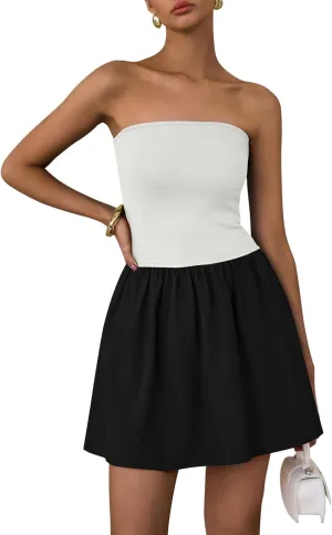 PRETTYGARDEN Women's Summer Strapless Mini Party Dress 2025 Casual Tube Top Ruffle A Line Short Patchwork Sundresses