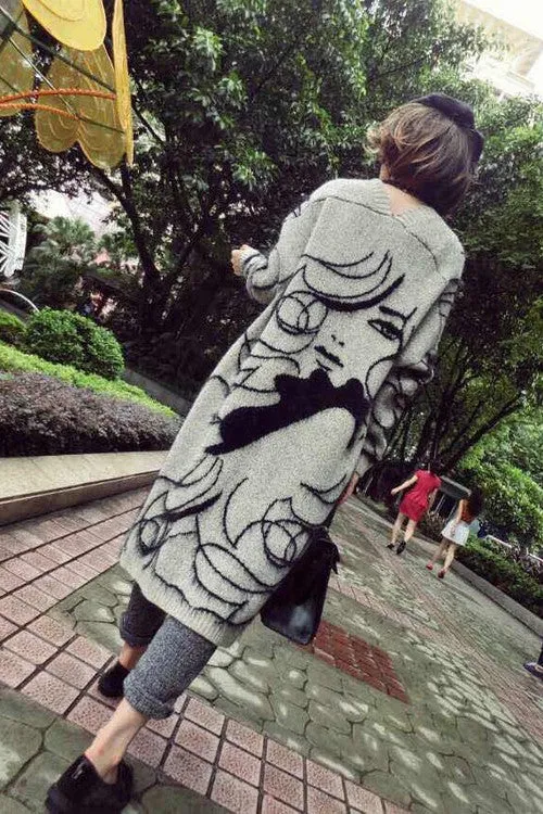 Print Long Sleeves V-neck Long Cardigan