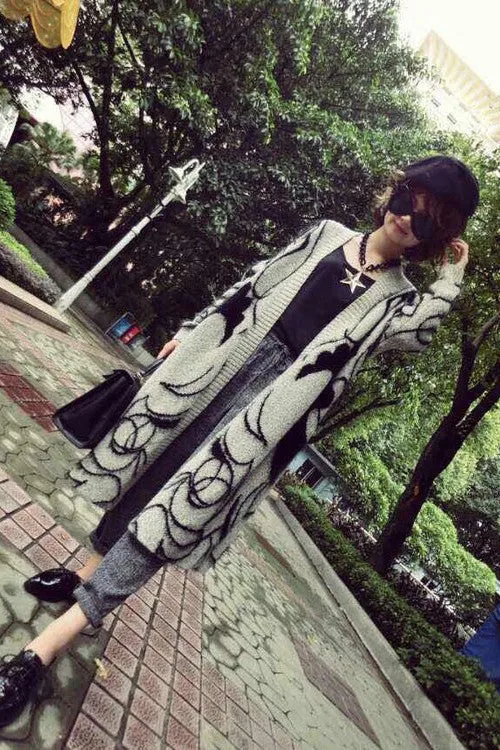 Print Long Sleeves V-neck Long Cardigan