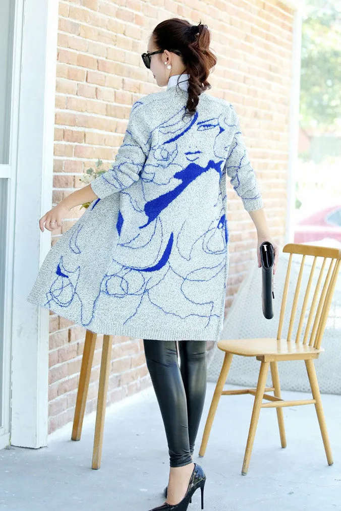 Print Long Sleeves V-neck Long Cardigan