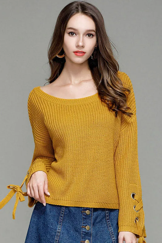 Pure Color Big Scoop Straps Long Trumpet Sleeves Loose Sweater
