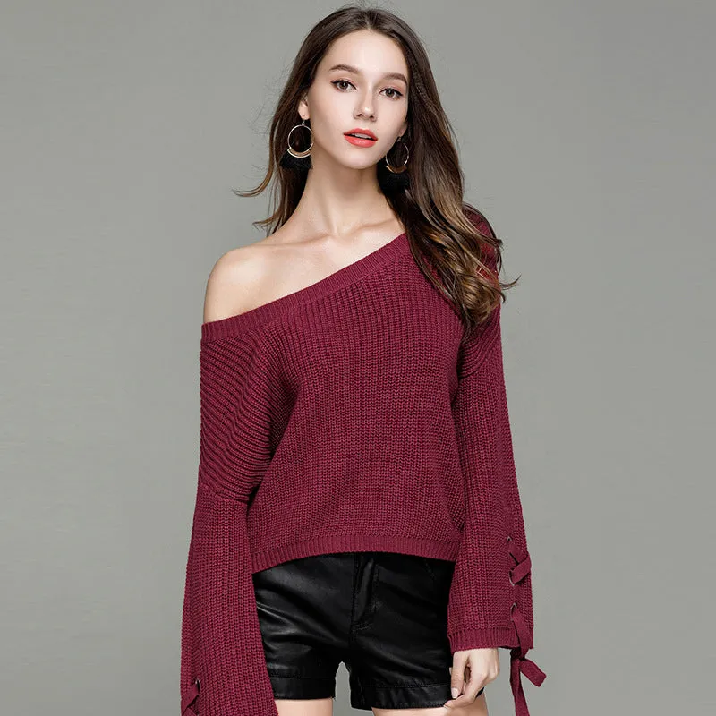 Pure Color Big Scoop Straps Long Trumpet Sleeves Loose Sweater