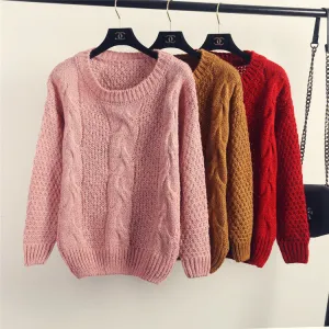 Pure Color Cable Knit Wear Long Sleeves Scoop Sweater