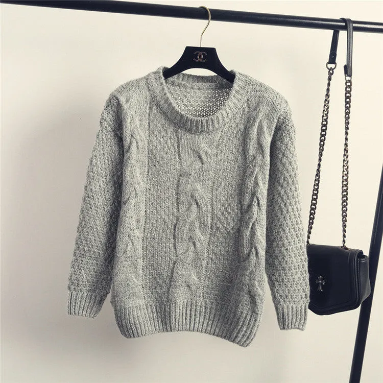 Pure Color Cable Knit Wear Long Sleeves Scoop Sweater