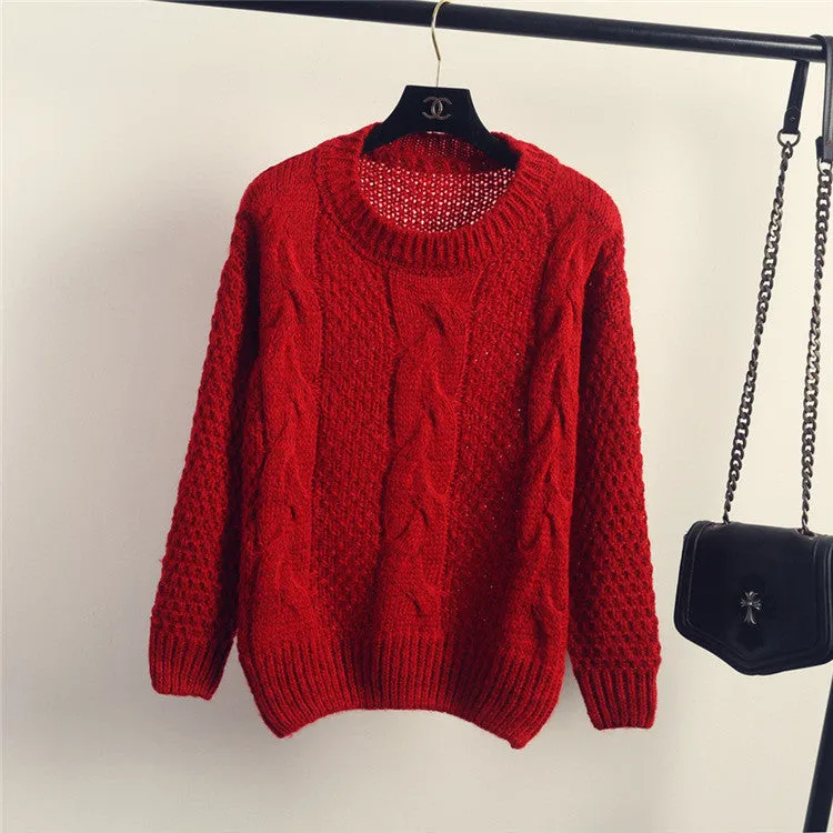 Pure Color Cable Knit Wear Long Sleeves Scoop Sweater