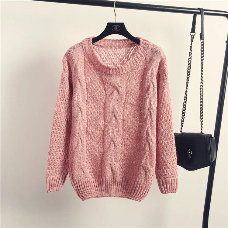 Pure Color Cable Knit Wear Long Sleeves Scoop Sweater