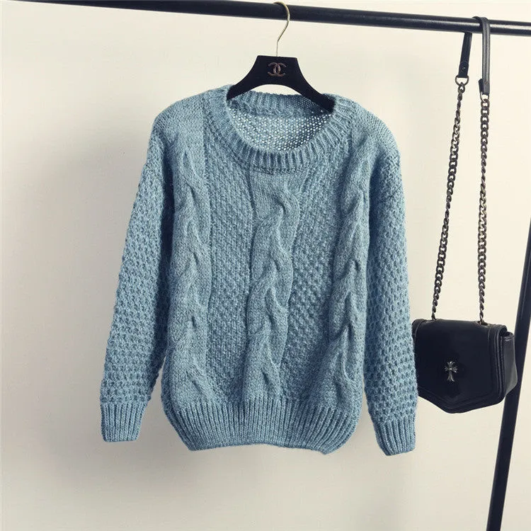Pure Color Cable Knit Wear Long Sleeves Scoop Sweater