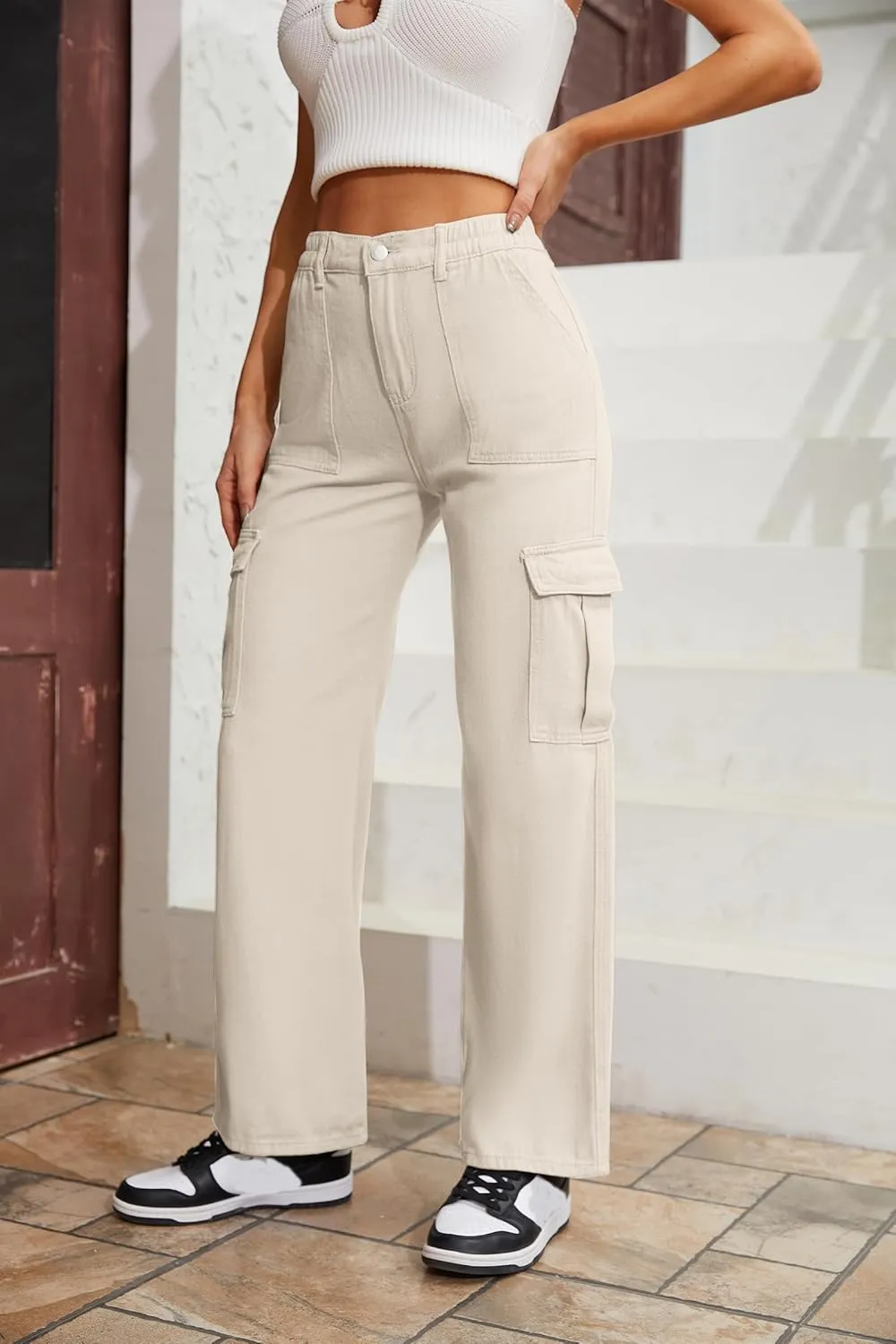 QYANGG High Waist Stretch Cargo Pants Women Baggy Multiple Pockets Relaxed Fit Straight Wide Leg Y2K Pants