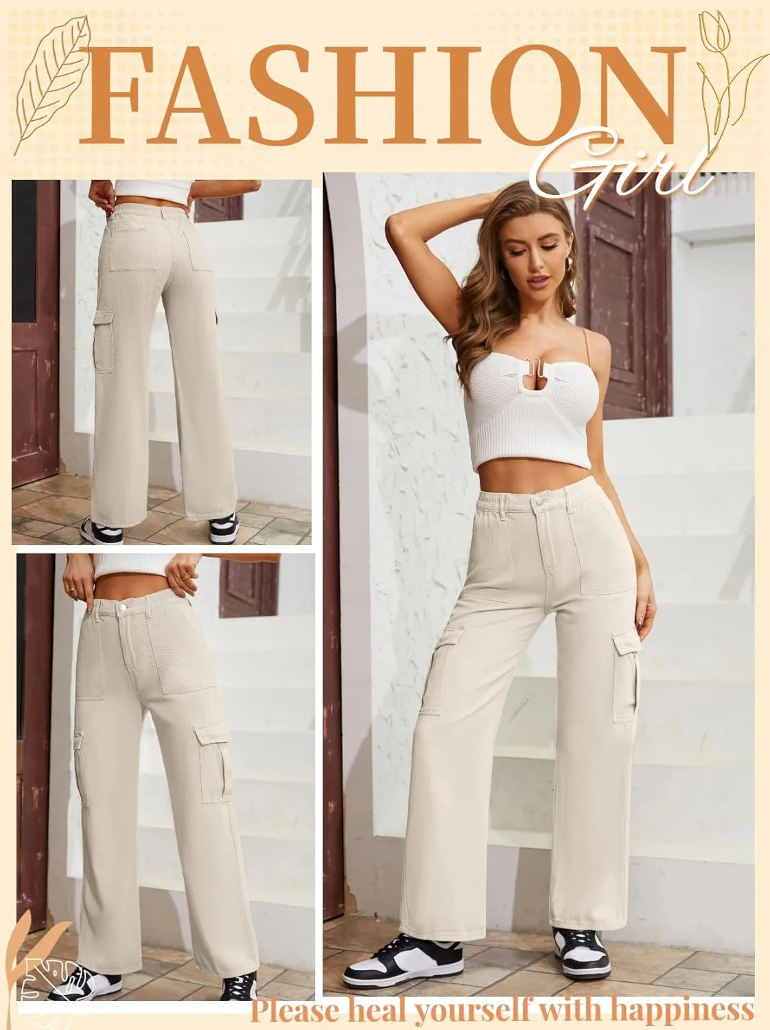 QYANGG High Waist Stretch Cargo Pants Women Baggy Multiple Pockets Relaxed Fit Straight Wide Leg Y2K Pants